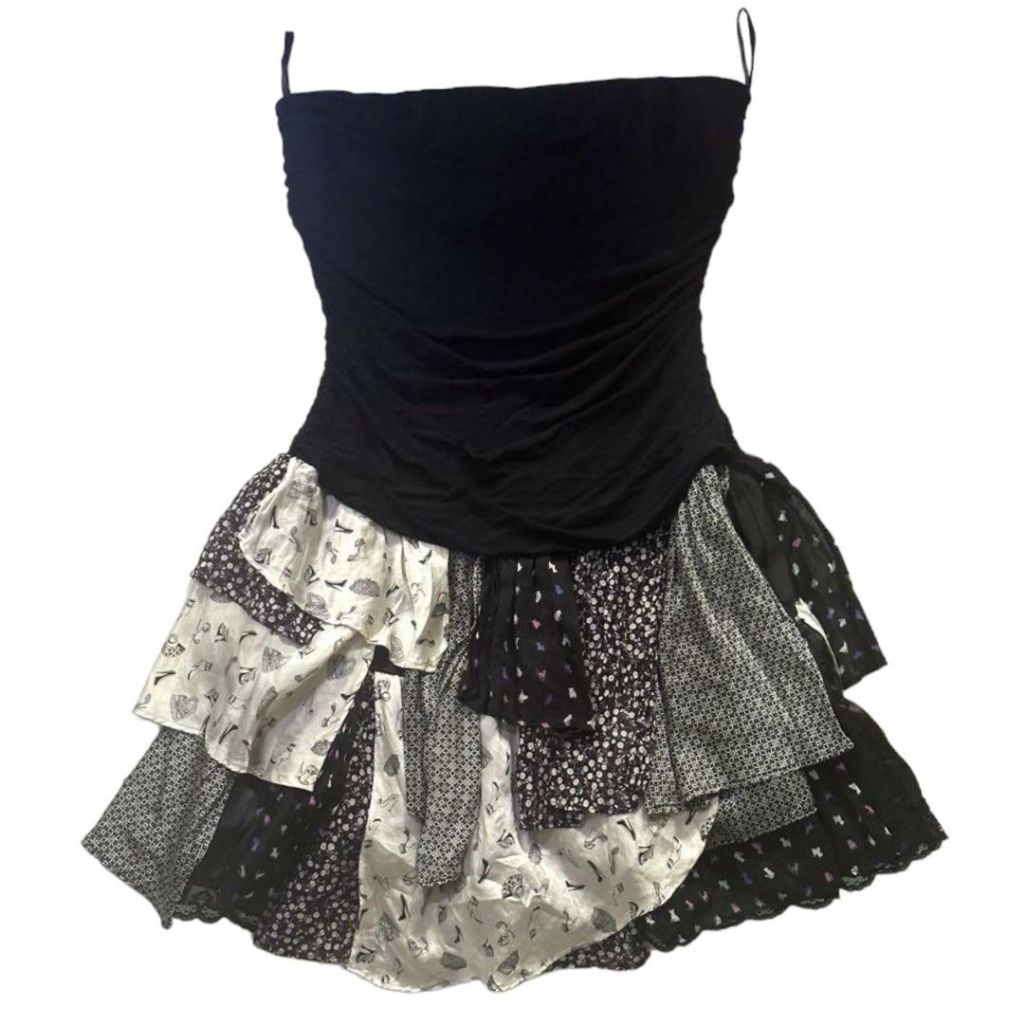 Bebe Tube Ruffle Layered Drapped Mini Dress | Patch Abstrack Black White Assymetrical assymetric kem