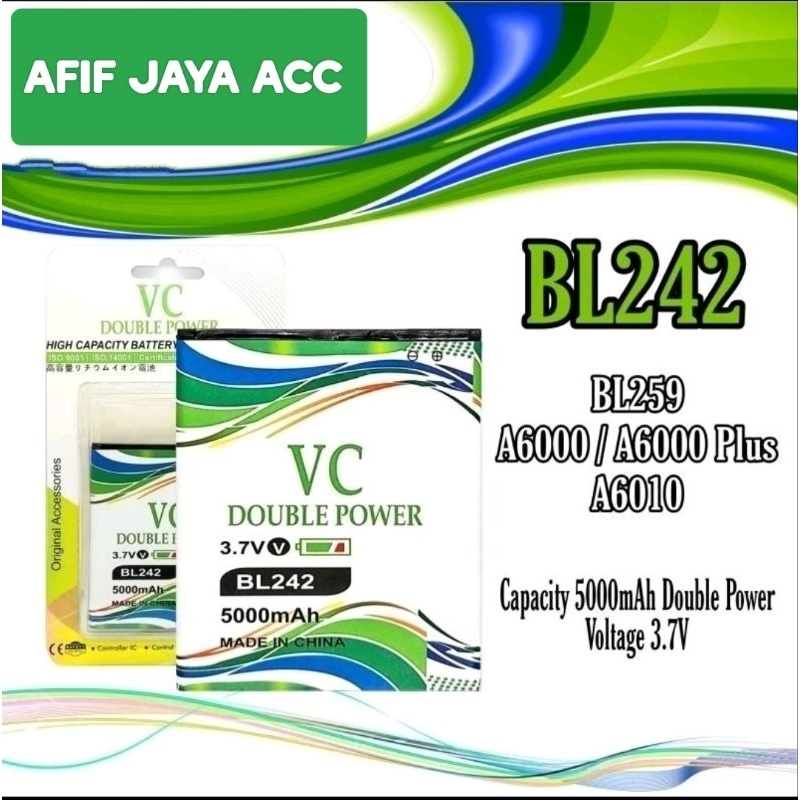 Baterai DOUBEL POWER VC LENOVO BL 242/BL 259 A6000/A6000+/A6010/A6020/A6600/K6600+ BATERAI DOUBEL PO