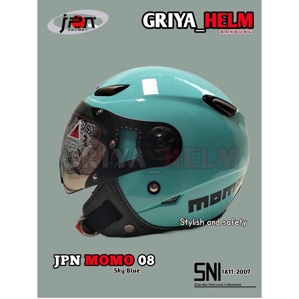 Helm jpn momo kaca pilot biru sky glossy SNI