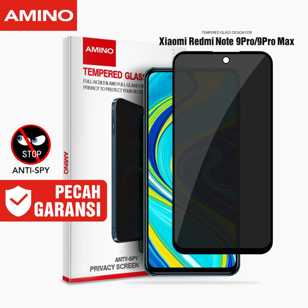 AMINO Anti Spy Tempered Glass Untuk Xiaomi Redmi Note 9 Pro / Redmi Note 9 Pro Max Privacy Glass 6.67 inch / Antispy Antigores / Anti Gores / Anti Gores Screen