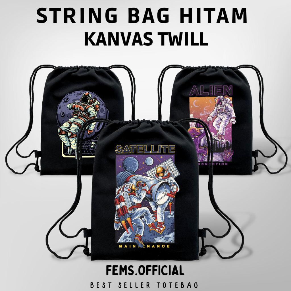 Tas Serut Astronaut String Bag Aesthetic Bahan Kanvas Twill Hitam Tebal