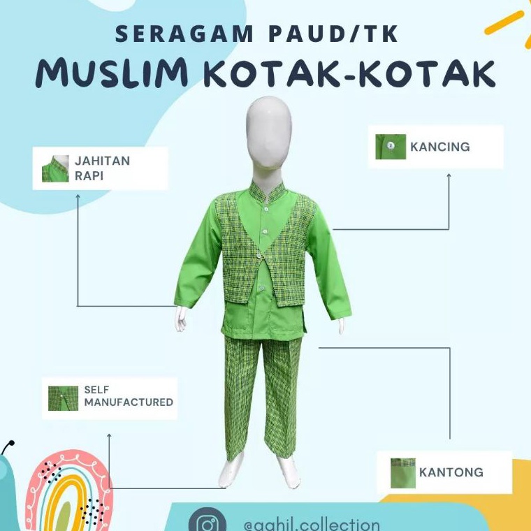 Top Sale.. SERAGAM TK/PAUD MUSLIM KOTAK-KOTAK BAJU TK/PAUD MUSLIM KOTAK-KOTAK HIJAU