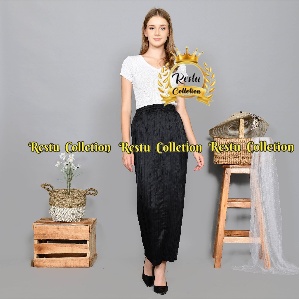 COD Rok Plisket Polos Instan Bahan Semi Silk Sutra Premium Bawahan Kebaya Wisuda Warna Hitam