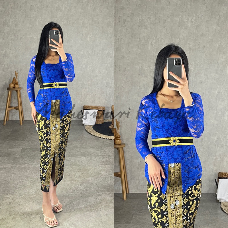 Kebaya Bali Set Brukat Panjang Biru Elektrik