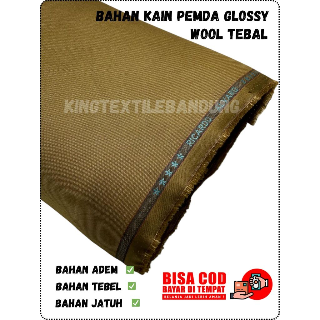 KAIN PEMDA/KAIN JAS KILAP WEDDING GLOSY WOOL KILAP SINING CELANA PORMAL MURAH KAIN PEMDA KHAKI