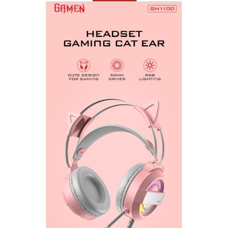 Gamen   GH1100 Pink  Headphone Gaming Hp Wired Headset Cat Ear Cute RGB
