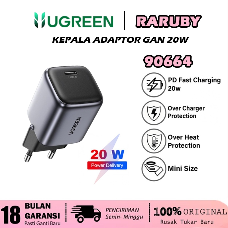 Ugreen Nexode Adaptor Kepala Charger GaN Adapter Fast Charging 20W 30W 45W 65W 100W 140W 200W Laptop Handphone Iphone Android-20W GREY