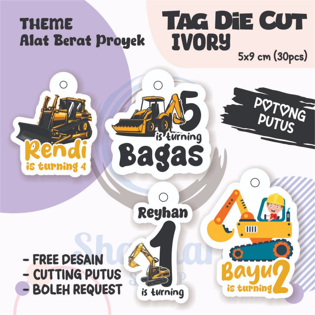 

(30pcs) Tag THEME ALAT BERAT PROYEK ( TAG ONLY ) / Tag Hampers Ulang Tahun Anak / Gantungan Custom / Cutting DIE cut / Hangtag Hologram