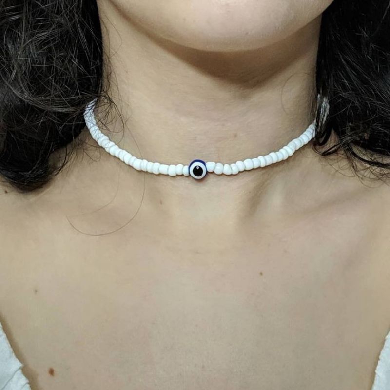 evil eye beaded necklace, kalung manik blue devil eye, kalung manik mata, evil eye necklace choker, 