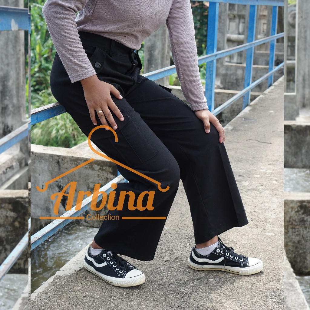 Celana Kulot Kargo Wanita Belt Twill Kombet Stretch