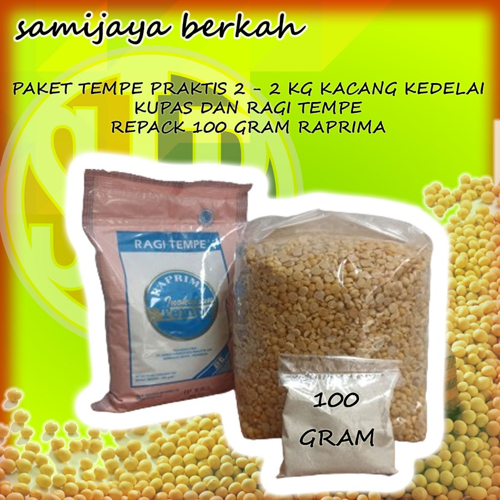 

PAKET TEMPE PRAKTIS 2 - 2 KG KACANG KEDELAI KUPAS DAN RAGI TEMPE REPACK 100 GRAM MERK RAPRIMA