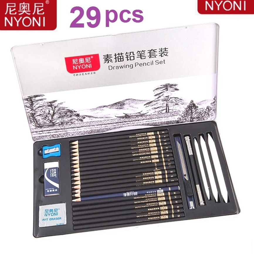 

[‰L13<] Nyoni Drawing Pencil Gambar Set 29pcs Metal Tin Box Pensil Gambar Lukis Sketsa Lengkap Paket Ready Gan