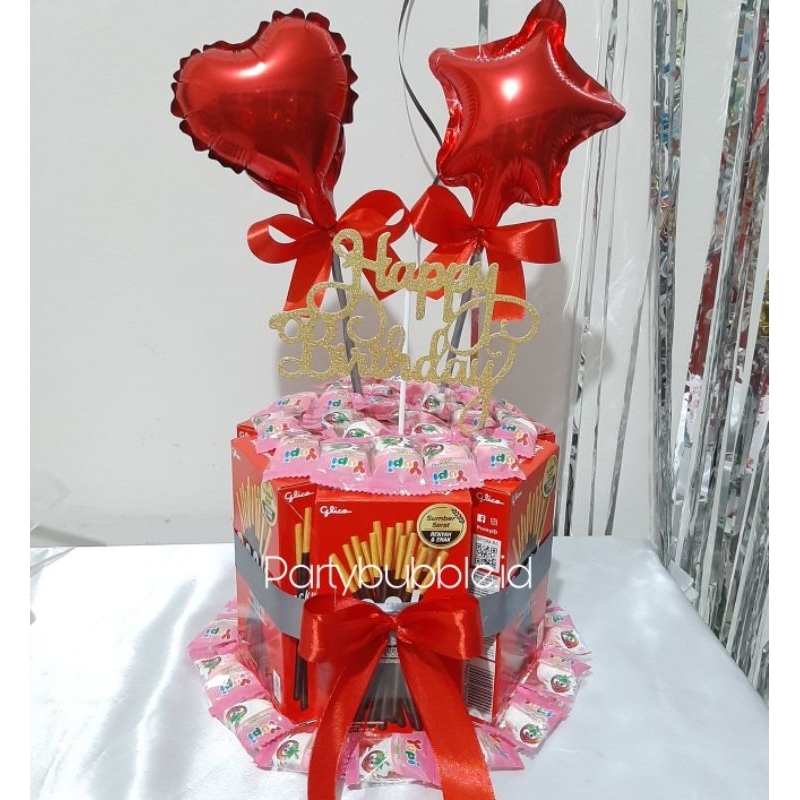 Kue Snack Tower 1 tingkat Pocky dan Permen HANYA INSTANT Kado Ulang Tahun Jogja Wisuda Sidang Birthday Balon