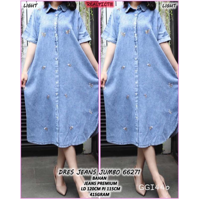 GGI440 Dress Wanita Jeans Denim Jumbo LD130 PJ115 midi dress full kancing bordir