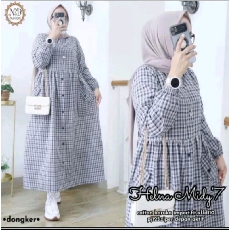 HELNA MIDI DRESS 7 BAHAN KATUN MOTIP KOTAK