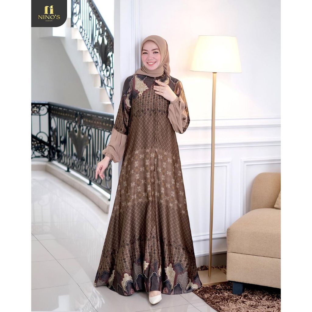 giana dress ninos setdung gamis silk motif etnik plus hijab kerudung ori ninos design
