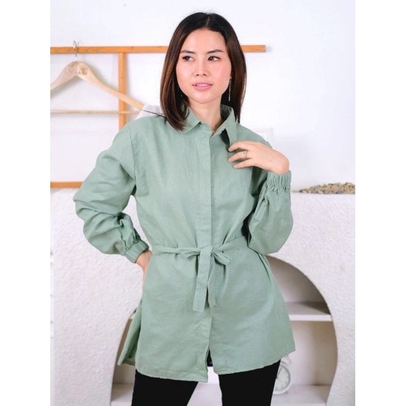 Baju Atasan Wanita Terbaru Kemeja Basic Tali Pinggang Blouse Megan