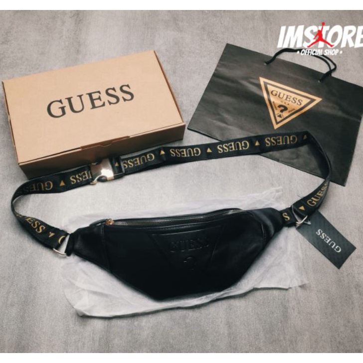 Model Terkini Waist bag GUESS Balck Gold Full set/ Waistbag pria Guess leather Gold Tas pinggang pri