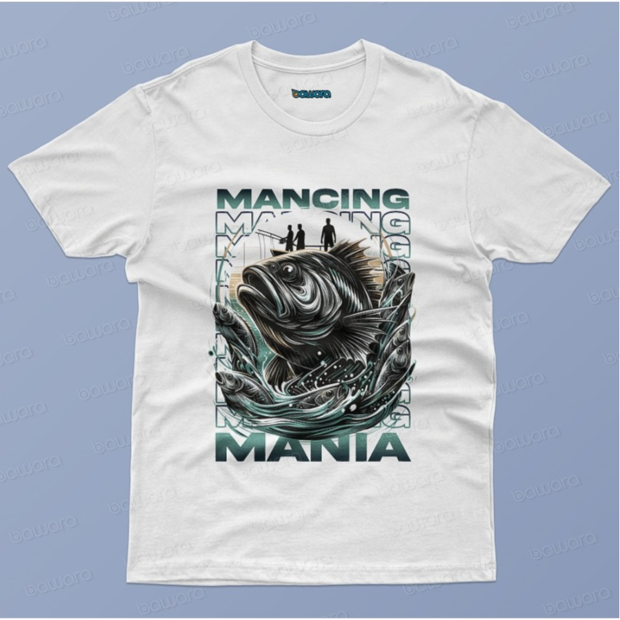 Kaos Distro Premium Mancing Mania Desain 3D Pria Wanita Hitam Putih bahan katun combed bawara