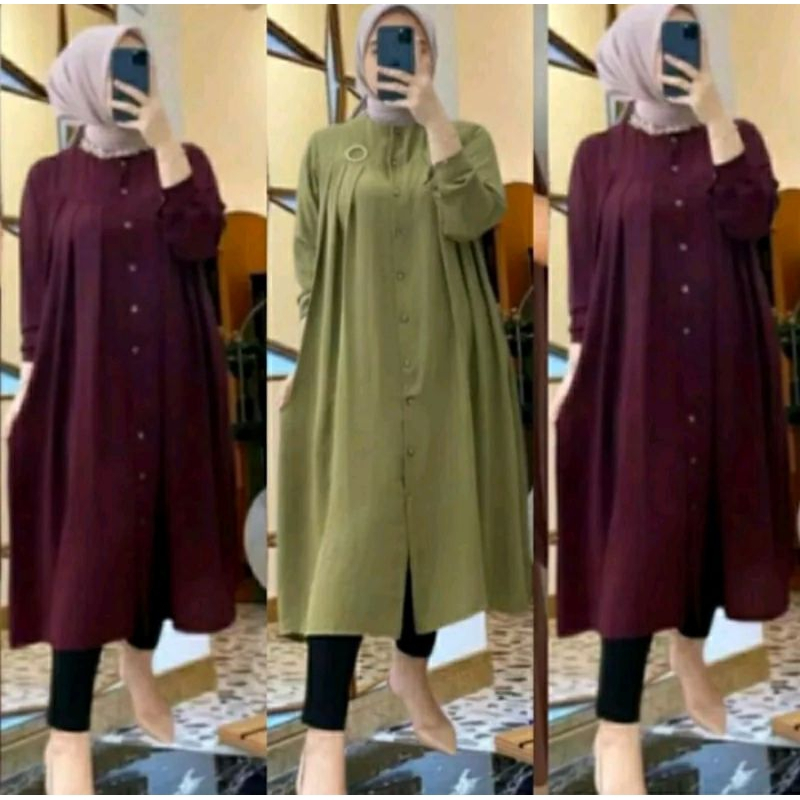 LONG DRESS TUNIK AZKIA POLOS FULL KANCING JUMBO / ATASAN WANITA MUSLIMAH