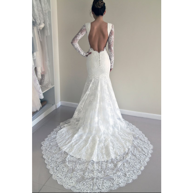 Lace Wedding Dress, Long Sleeve Wedding Dress, Mermaid Wedding Dress, Open Back Lace Dress, Backless