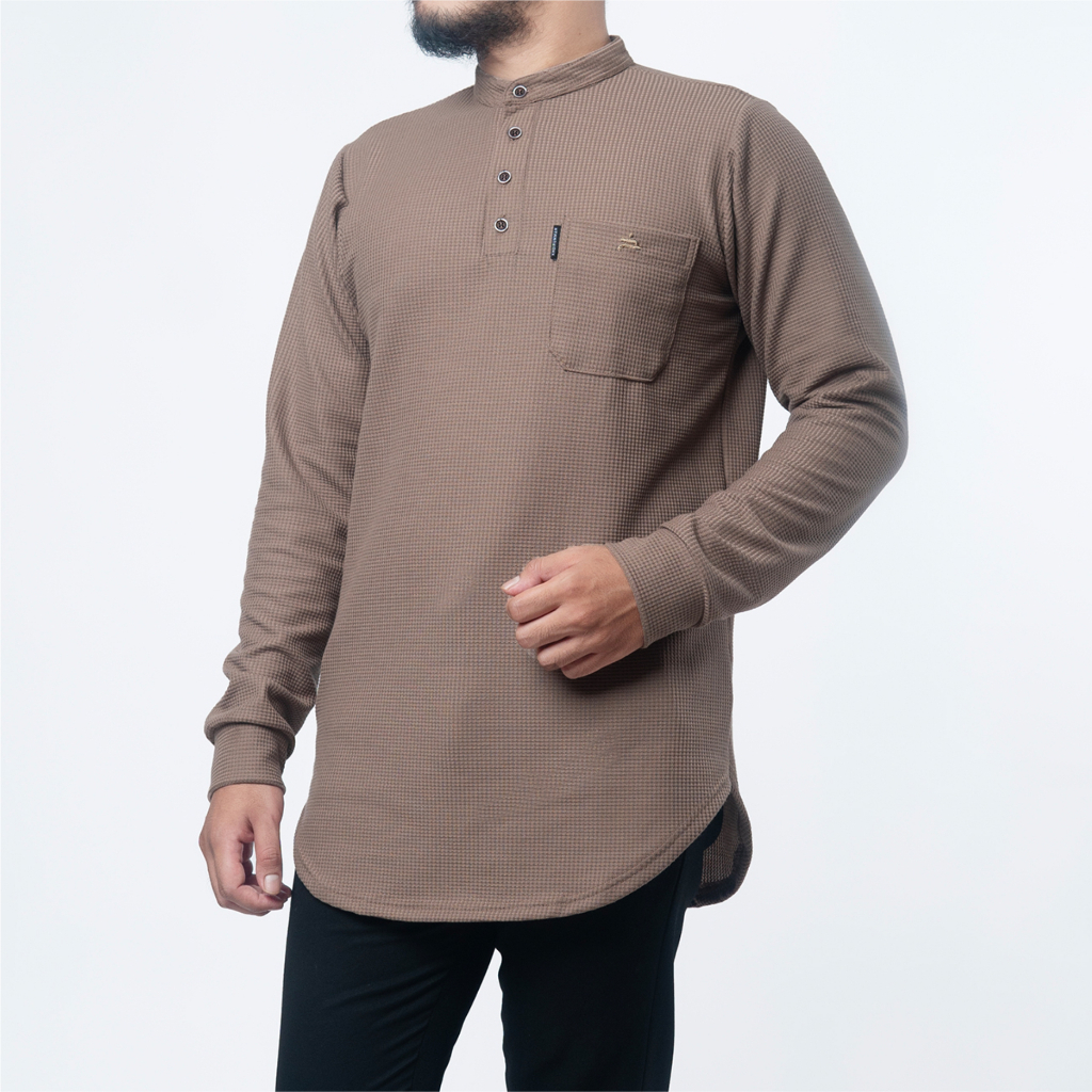 ZONKAS Kemeja Koko Kurta Zain | Kemko Kasual Pria Dewasa | Kemko Waffle Polos Tangan Panjang | Brown