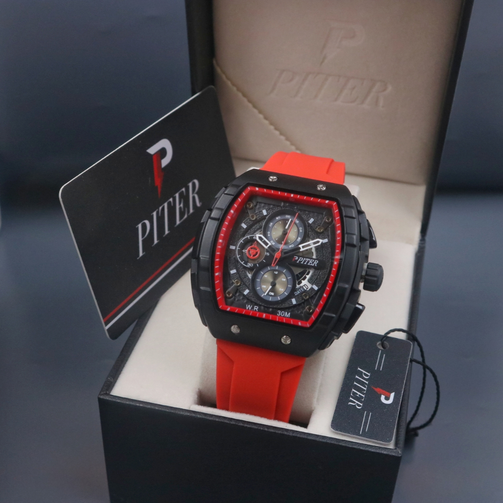 COD - Jam Tangan Pria Piter Original P9185Yu Chrono Aktif Tanggal Aktif Tali Rubber Free Box Origina