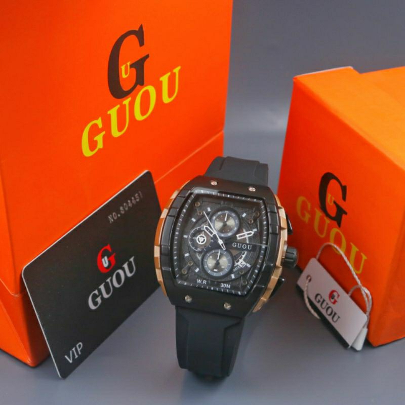 Jam tangan pria GUOU Tali Karet Black Chrono aktif Original