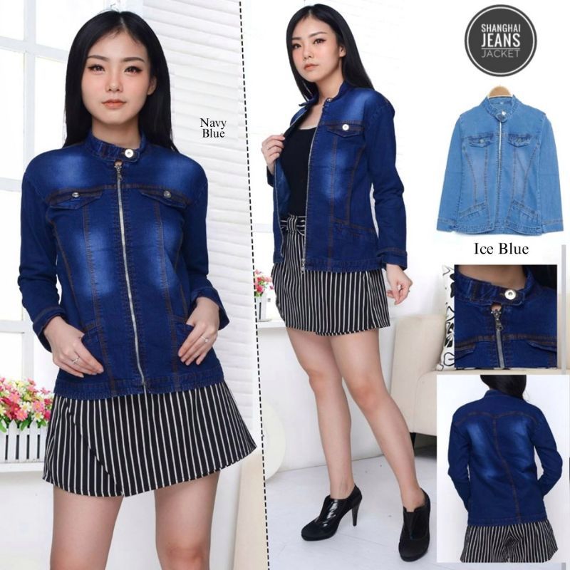 Jaket Jeans Sleting Wanita Model Kerah Shanghai