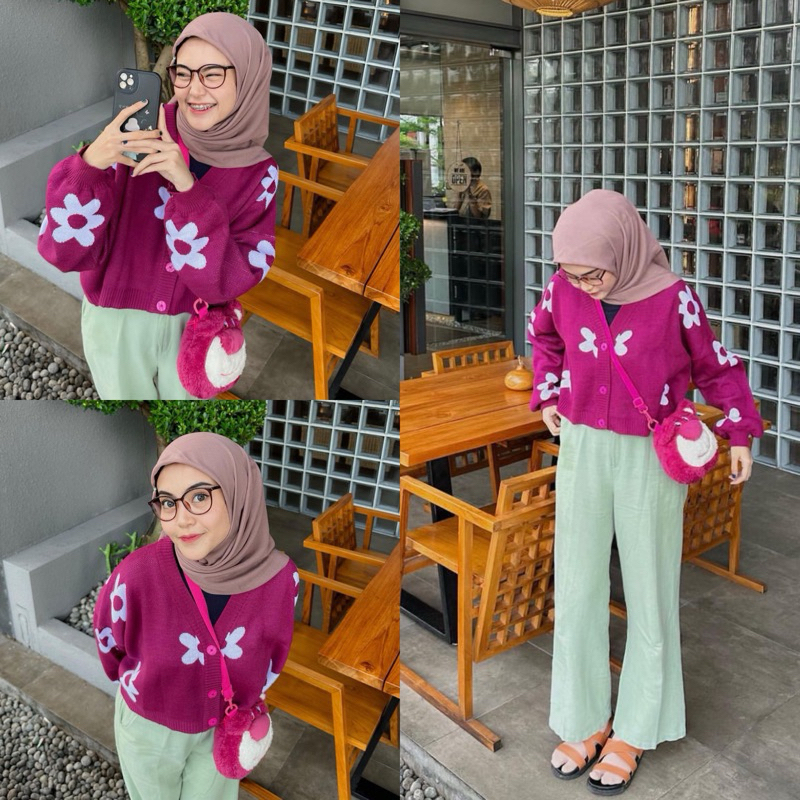 Cardi Flowers Kancing 4 Rajut Premium / CARDIGAN RAJUT CROP MOTIF BUNGA FLY / NADYA CROP CARDIGAN OV