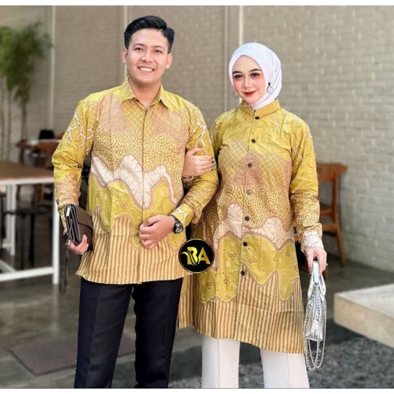 BYAN Batik Couple Terbaru Kemeja Batik Pria Lengan Panjang Dan Atasan Tunik Batik Asli Katun Halus M