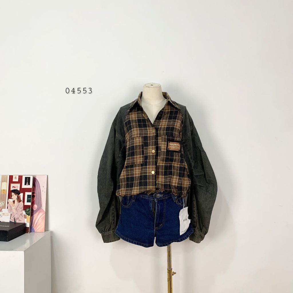 ATASAN KEMEJA CROP DENIM MOTIF FULL KOTAK KOTAK COKLAT SATU POCKET DEPAN YUEFA FULIAO PREMIUM WANITA