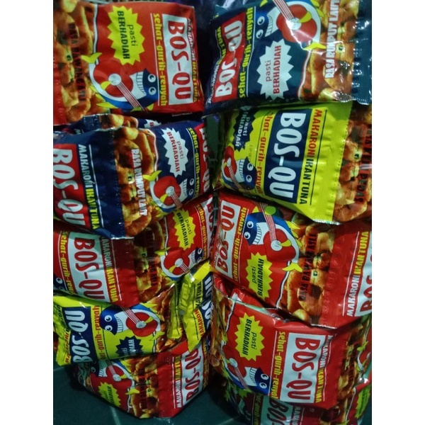 

Bos-Qu MAKRONI Bantet 1 Renteng isi 12pcs SNACK MAKRONI SEHAT GURIH RENYAH RASA BAWANG PEDAS