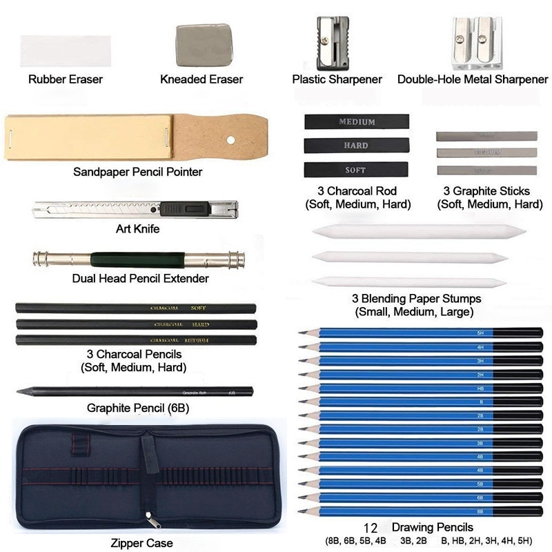 33PCS/Set Sketch Pensil Pisau Penghapus dan Pensil Gambar untuk Keperluan Sekolah Pencil Drawing Set Sketsa dan Lukisan Set