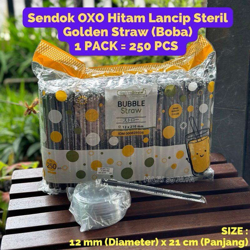 (250 PCS) Sedotan Boba OXO Hitam Lancip Steril Golden Straw 12mm / Pack - Sedotan Besar Boba Plastik