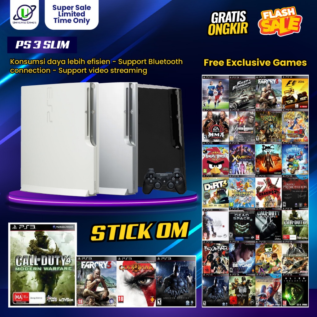 PS3 Slim Second Hen Bundle Stick Original Mesin - Playstation 3 Hdd Putih 1Tb / 500Gb / 320Gb / 250Gb / 160Gb - PS 3 Sony Garansi Toko 12 Bulan Exclusive Game