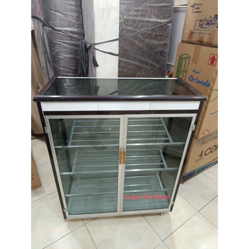 Rak Sepatu 4 Rak Minimalis kaca Almunium Tiang Besar