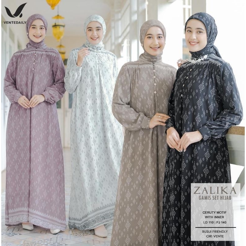 [LD 110] Zalika Set Hijab Dress Gamis Pesta Bahan Ceruty Motif Ori by Vente Daily