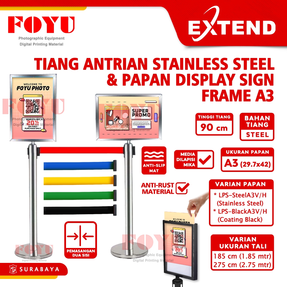 

Tiang Pembatas Antrian Antrean Pita Stainless Steel Queue Que Line Pole Railing Stand 2 3 meter LPB-Steel Papan Display Sign Frame A3 Extend