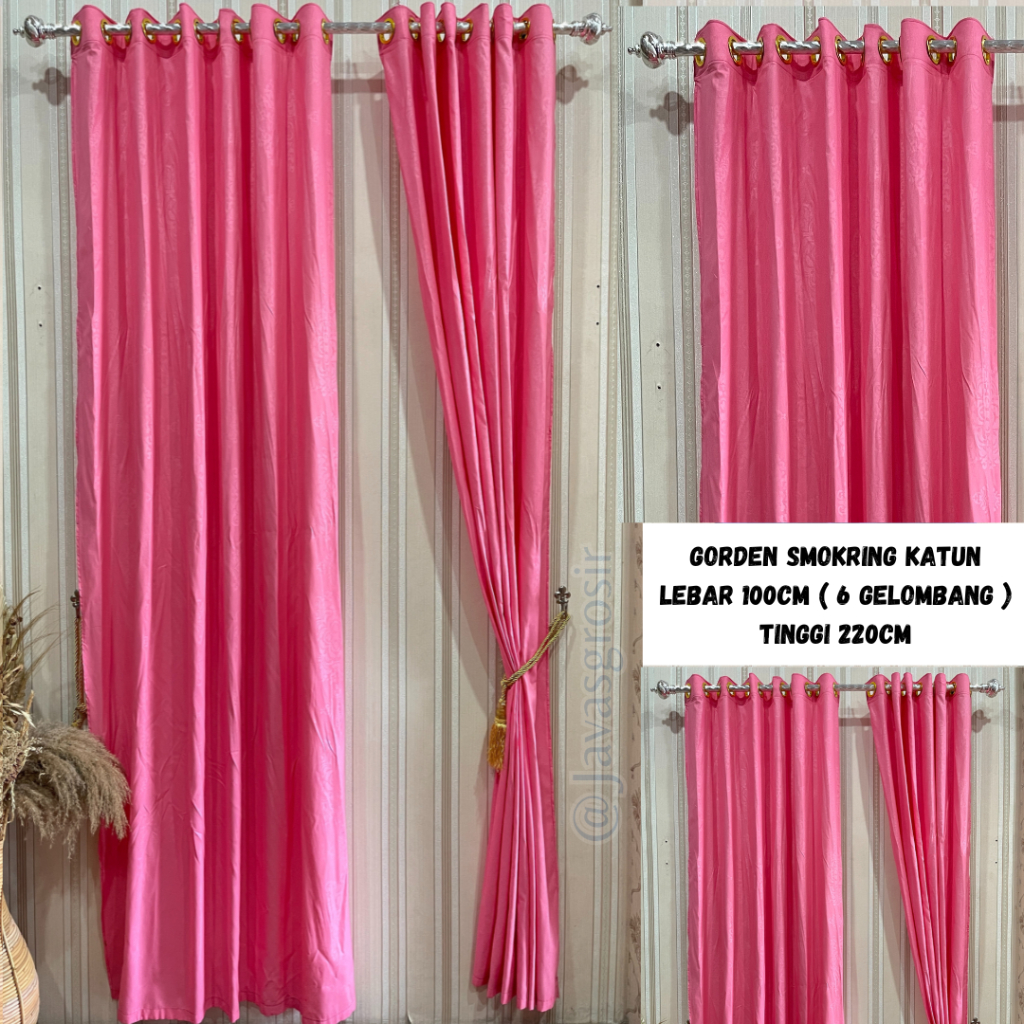Gorden Ring Gorden Pintu dan Jendela Gorden Smokring Katun Pink Polos Embos