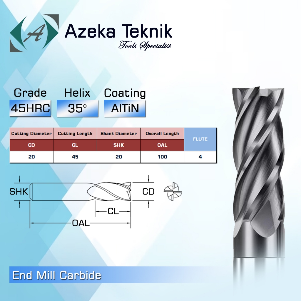 Endmill 20 mm shank 20 mm long 100 mm Flute 4 HRC45 Endmill 20mm Carbide Tungsten Carbide Endmill So