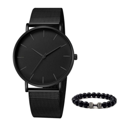 2PCS Jam Tangan Gaya Bisnis Pria Jam Tangan Mewah Klasik Ultra Tipis Jam Tangan Paduan Bisnis