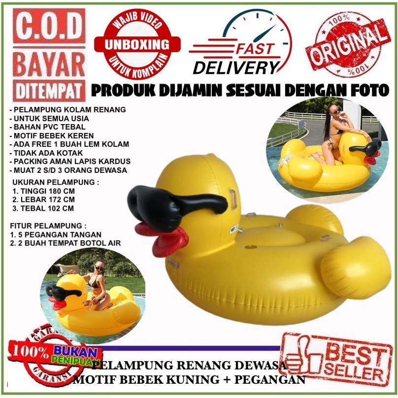 PELAMPUNG RENANG DEWASA / BAN KOLAM RENANG UKURAN BESAR MOTIF BEBEK KUNING KACAMATA HITAM