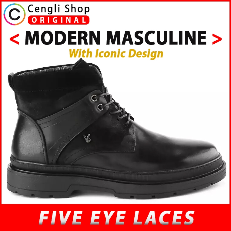 PL17 SEPATU PRIA BOOT PLAYBOY ORIGINAL BOOTS CASUAL KULIT ASLI ORI HITAM