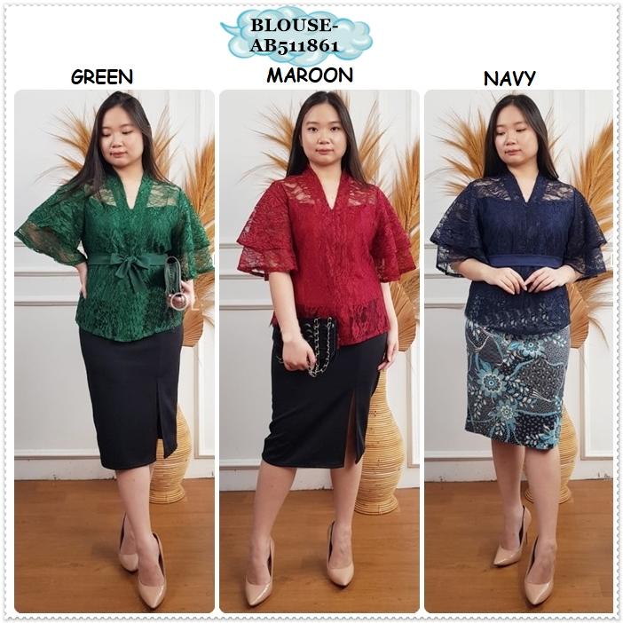 AB511861 Baju Atasan Pesta Brukat Blouse Kebaya Natal Wanita Merah Maroon Green Hijau Biru Blue Navy