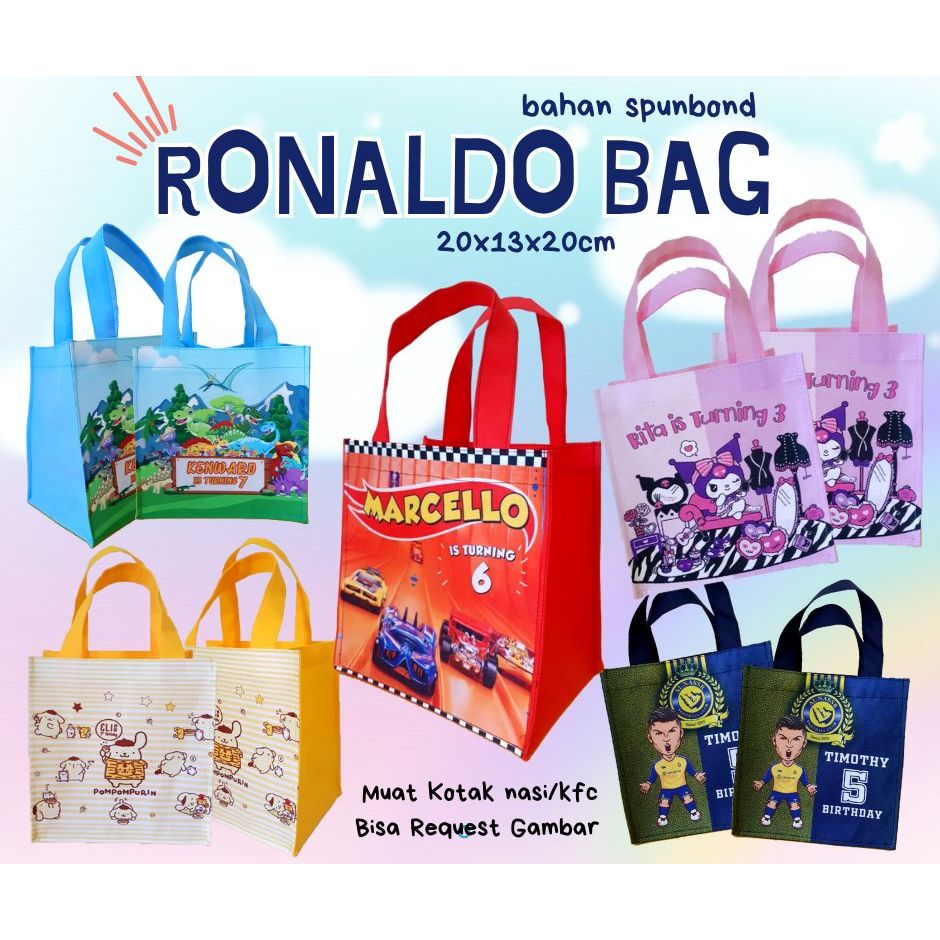 Tas Ulang Tahun Anak Spunbond Full Printing Muat Kotak Bekal Nasi KFC Ronaldo Bag Goodie 100gsm TasU