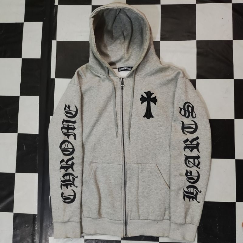 Chrome Hearts Grey Zip Up Hoodie Leather Embroidery