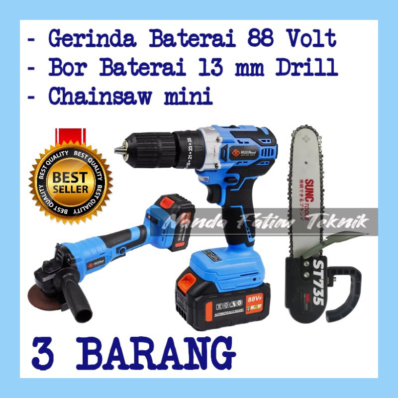 Paket komplit gerinda baterai 88 VOLT bor baterai 13 MM dan Chainsaw mini HUJIA
