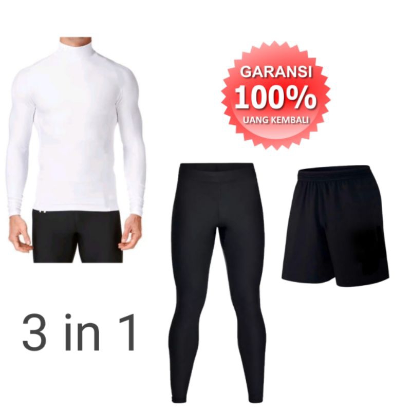 Stelan Baju Manset Baselayer Lengan Panjang Celana Legging Panjang Dan Celana Pendek Sport Pria Polo