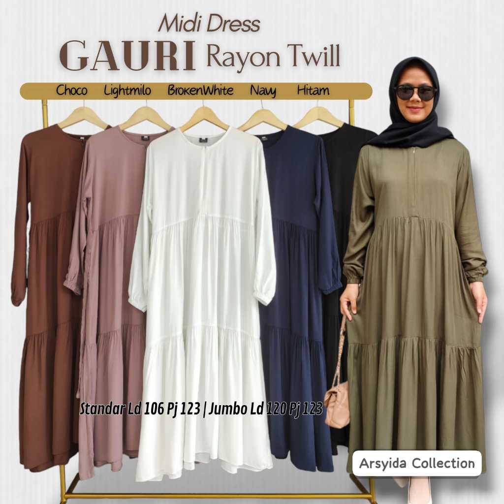Gauri midi dress Rayon Twill Premium Gamis Wanita  simple busui